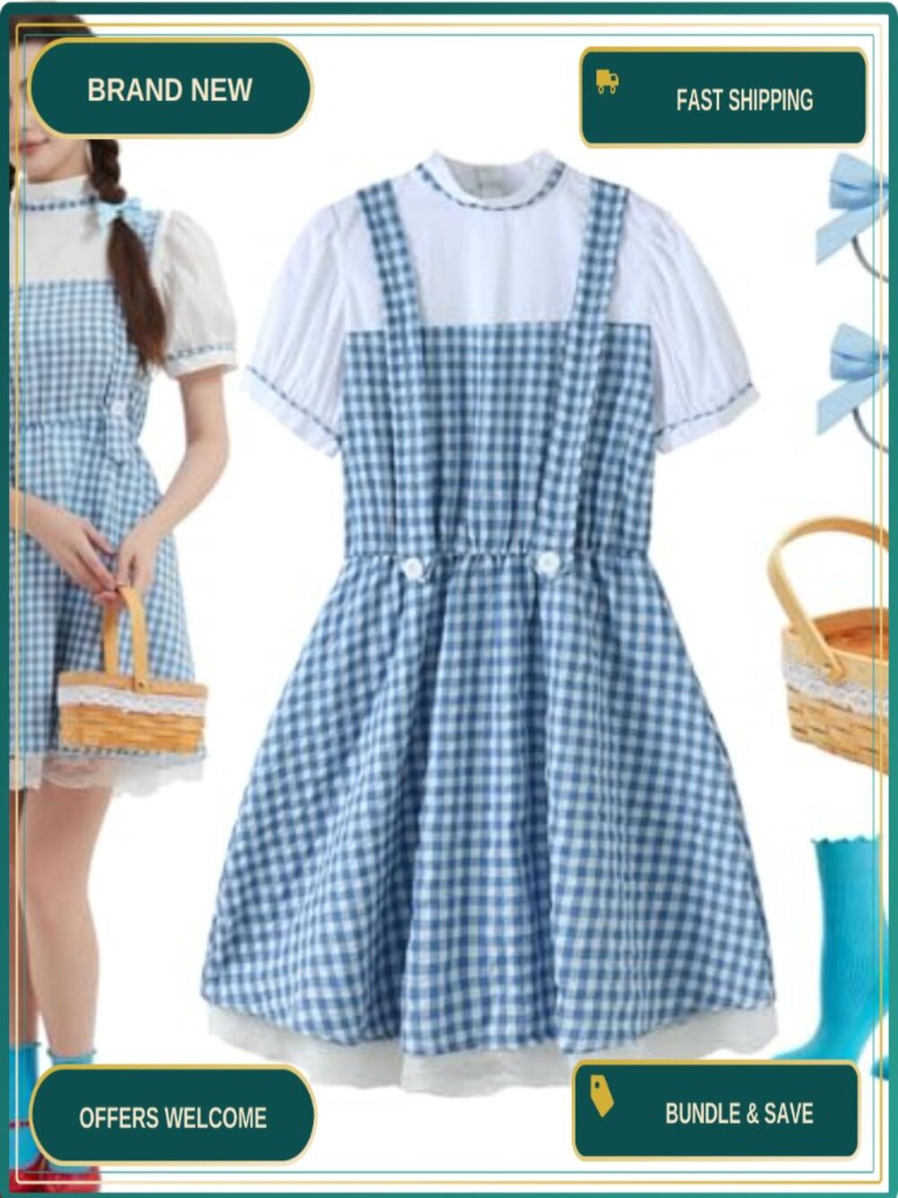 Women's Dorothy Halloween Costume Set Dress Basket Socks Hair Ties Adult